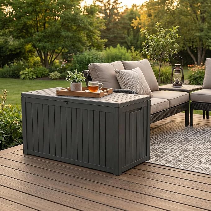 180 Gallon Outdoor Deck Boxes, IP68 Waterproof Outdoor Storage Box with Hydraulic Lid Support, Outside Resin Container for Furniture, Toy, Shoe, Garden & Patio Tools Storage -Black
