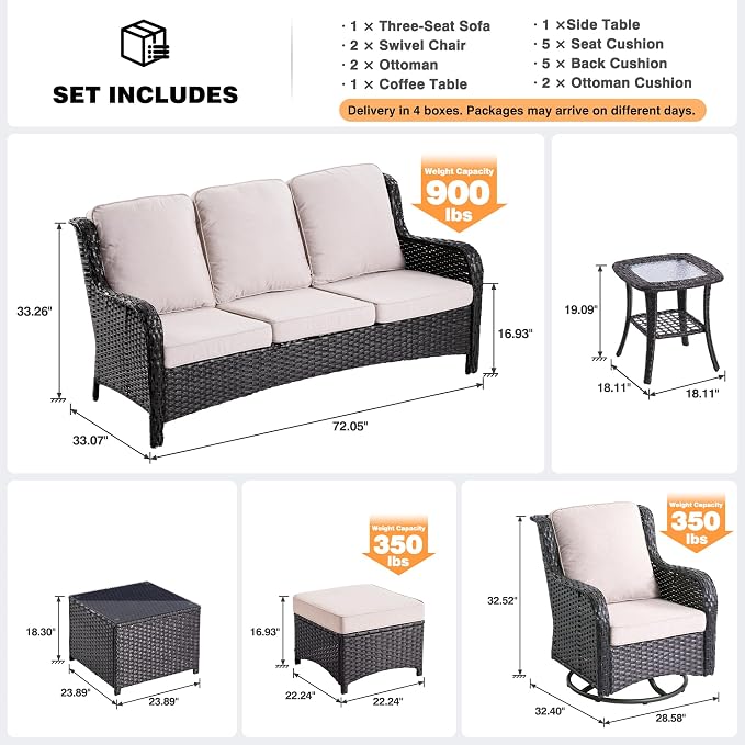 ovios 7 Pieces Patio Furniture Set with Swivel Rocking Chairs, Outdoor Wicker Sofa Couch Glass Coffee Table, All Weather High Back Modern Conversation Set, Brown Rattan, Beige
