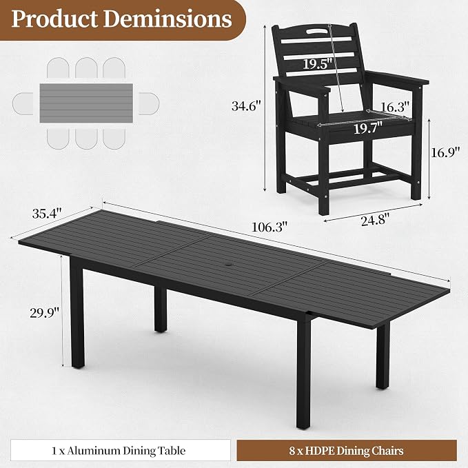 PIZZELLO 9 Pieces Outdoor Dining Set, 106" Extendable Aluminum Patio Dining Table w/ 8Pcs HDPE Patio Chairs, All Weather Outdoor Table and Chairs Sets for Backyard, Garden and Deck