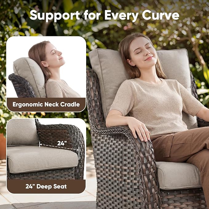 Belord 4 Piece Patio Wicker Furniture Set, Outdoor Swivel Rocker Chairs, All Weather Outdoor Patio Loveseat with Cushion and Coffee Table for Deck Porch, Brown Wicker/Beige