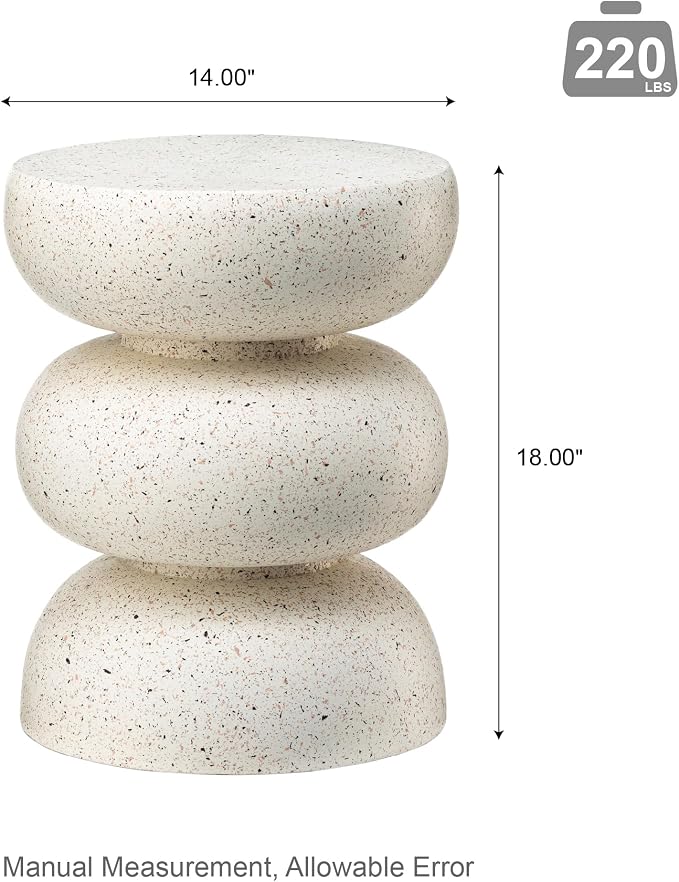 Glitzhome Outdoor Side Table, Round Small End Table with White Geometric Terrazzo Finish MGO Hourglass Garden Stool, Set of 2 Decorative Accent Table for Living Room Planter Stand Backyard Patio Porch