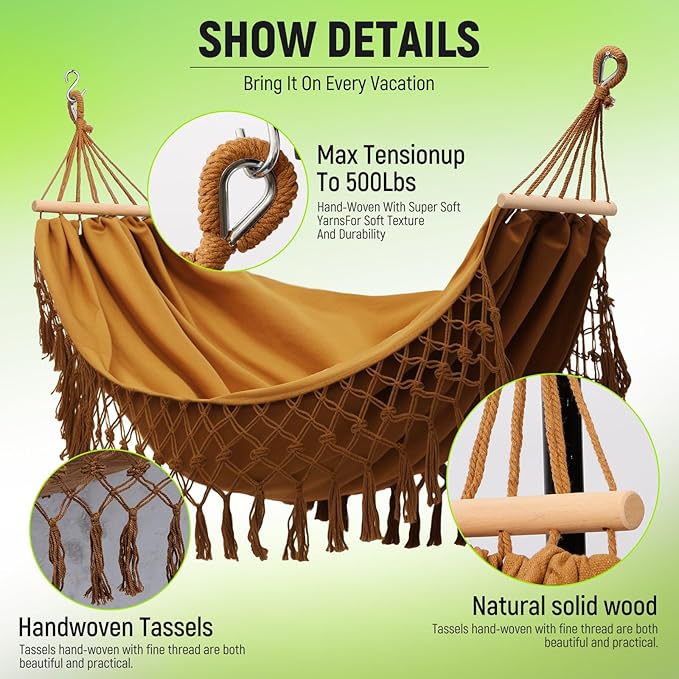 Portable Hammock,Bohemian Hammock,Rope Hammock,Suitable,Yard, Beach, Backyard,Garden (Khaki) 79 * 39