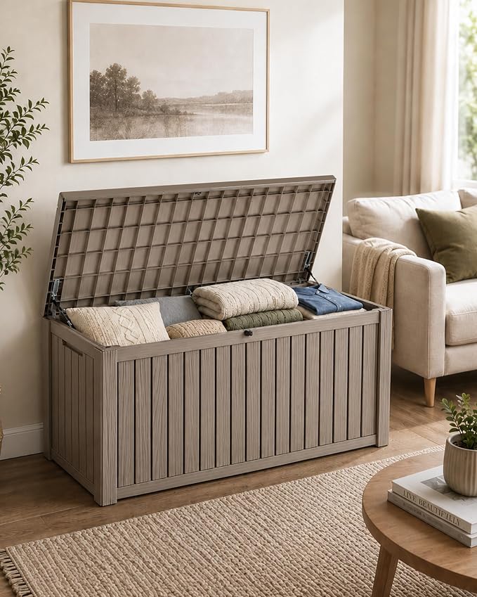 MAKINO 205 Gallon Large Waterproof Deck Box, Heavy Duty Resin Outdoor Storage Box, Outdoor Storage Bench with Hydraulic Rod for Patio/Cushions/Garden Tools/Backyard/Pool Accessories, Grey Brown