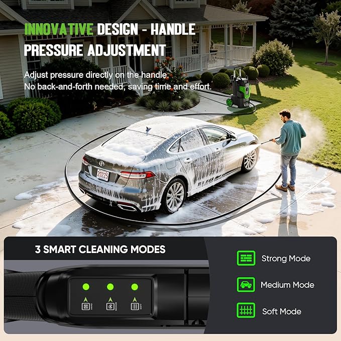 Heavy Duty MAX5000 PSI Pressure Washer, 3-Speed Adjustable Power Washer with 2-Stage Pull Rod, 4 Nozzles, Foam Cannon & 500ml Soap Bottle for Car, Home & Outdoor Cleaning,Green
