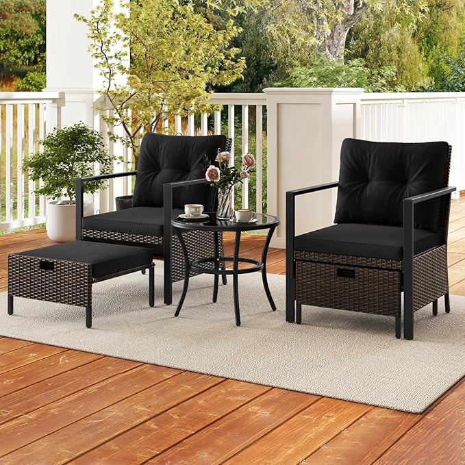 Tangkula 5 Piece Outdoor Furniture Set, Rattan Chairs & Ottomans w/Round Glass Topped Coffee Table, Space Saving Cushioned Patio Conversation Set for Backyard, Poolside (Black)