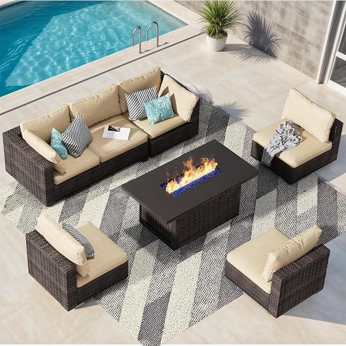 Patio Furniture Set with Fire Pit Table, Outdoor Sectional Rattan Sofa Set, Patio Set Seating Furniture with Thickened Cushions (Beige, 7 Pieces)