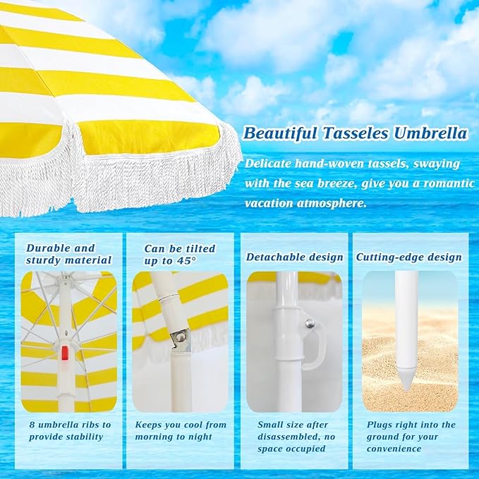 Outdoor Patio Umbrella With Fringe - Holiday Beach Yellow And White Striped Portable Tassel 5.9ft Table UV50+ Protection Sun Shade Garden Waterproof/8 Ribs