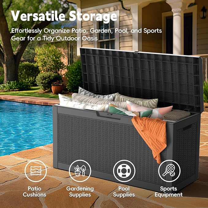 LubanNese Outdoor Storage Box, Waterproof Deck Box, Outdoor Patio Storage Bin, Weatherproof (Black, 66 Gallon with Seat)