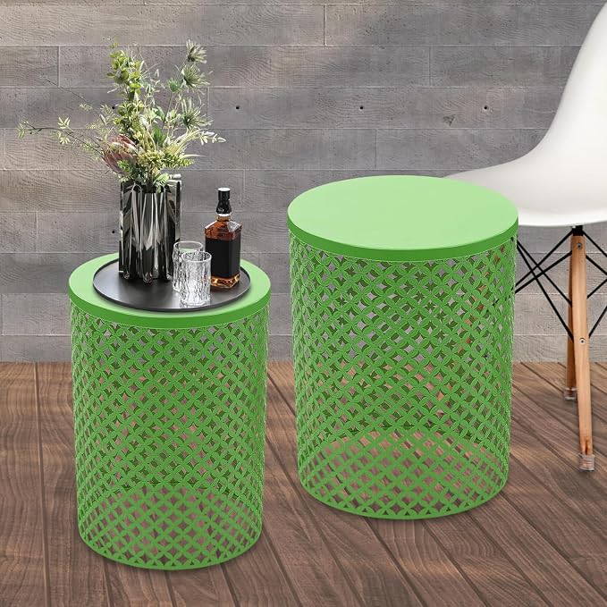 Side Table Set of 2, Iron Side Table 14.6x19.3In & 12.6x16.5In, Metal Accent Table with Openwork Flower Pattern, Cylindrical Freestanding Outdoor End Table for Patio Garden Living Room (Green)
