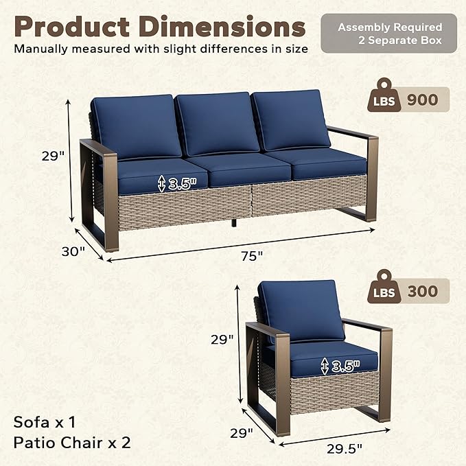 Wicker Patio 75" Sofa Set with Two Armchairs, All Weather Rattan Outdoor Conversation Furniture Set with Wood-Looking Metal Armrest & Removable Cushions for Deck Backyard Porch, Dark Blue