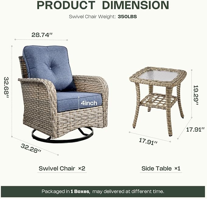 Outdoor Swivel Rocking Chair Set of 2 with Coffee Table, Wicker Patio Glider Chairs with 4 Inch Thick Cushions, 350lbs Capacity High Back Rattan Furniture Set for Sunroom and Small Spaces, Denim Blue