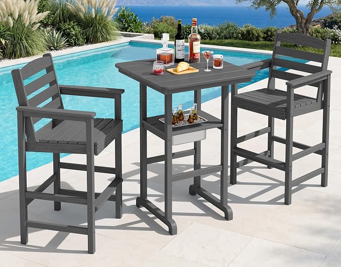 SERWALL Balcony Adirondack Chairs and Table 3 Pieces Set, HDPE Bar Height Chairs Set of 2 and Bar Table with Ice Bucket, Outdoor Bar Stools Set for Bistro, Poolside, Backyard, Grey