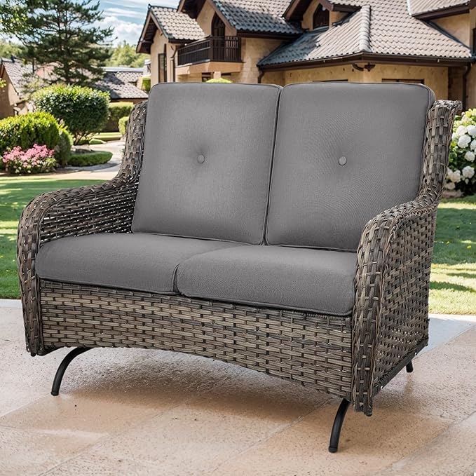 Patio Loveseat Glider Set, Resin Wicker Loveseat Glider with 4 Swivel Patio Chiars Coffee Table 2 Side Table, 8 Piece Patio Conversation Loveseat Set, Grey Wicker|Grey Cushions