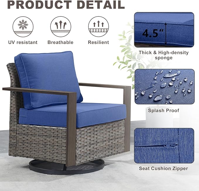 Rilyson Outdoor Wicker Patio Furniture Set - 5 Piece Patio Conversation Set with 2 Wicker Swivel Rocker Chairs,2 Rattan Ottoman and 1 Couch,Thick Cushions,Deep Seating,Wide Armrest(Mixed Grey/Blue)