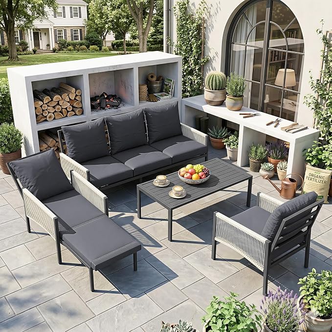 U-MAX Aluminum Patio Furniture Set 5 Seats Outdoor Sectional Couch with Coffee Central Table Patio Conversation Sets for Porch Deck (Dark Grey, with Retractable Single Sofa)