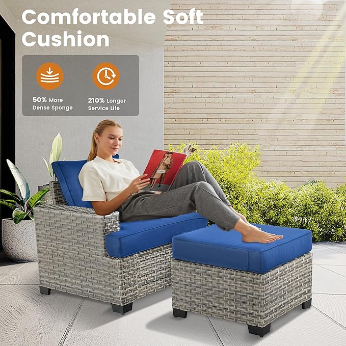 Patio Furniture Sets 7 Pieces Outdoor Sectional Rattan Sofa Manual Weaving Wicker Patio Conversation Set with Ottomans and T Cushion(Blue)