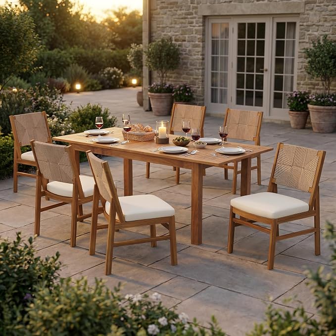 Merax Outdoor Acacia Wood Dining Set of 7, Patio 78.75" Large Expandable Dining Table with Umbrella Hole, 6 Dining Chairs with Wicker Back and Cushions for Deck, Yard, Porch,Cream+Teak