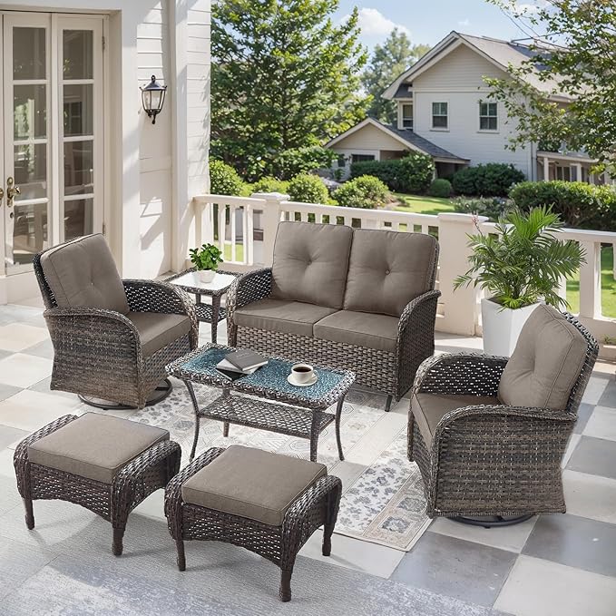 7 Pieces Patio Furniture-Patio Swivel Chairs Set of 2 Outdoor Glider Bench Rocking Chair with Patio Ottomans Patio Conversation Sets for Deck Porch Garden Balcony Poolside-Brown/Grey