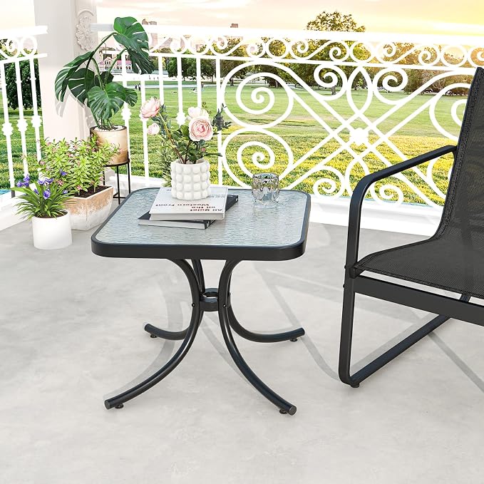 Tangkula Outdoor Side Table, 20 Inches Square End Table with Tempered Glass Top, Metal Frame, Small Patio Table for Garden, Backyard, Balcony, Poolside, Porch (1)