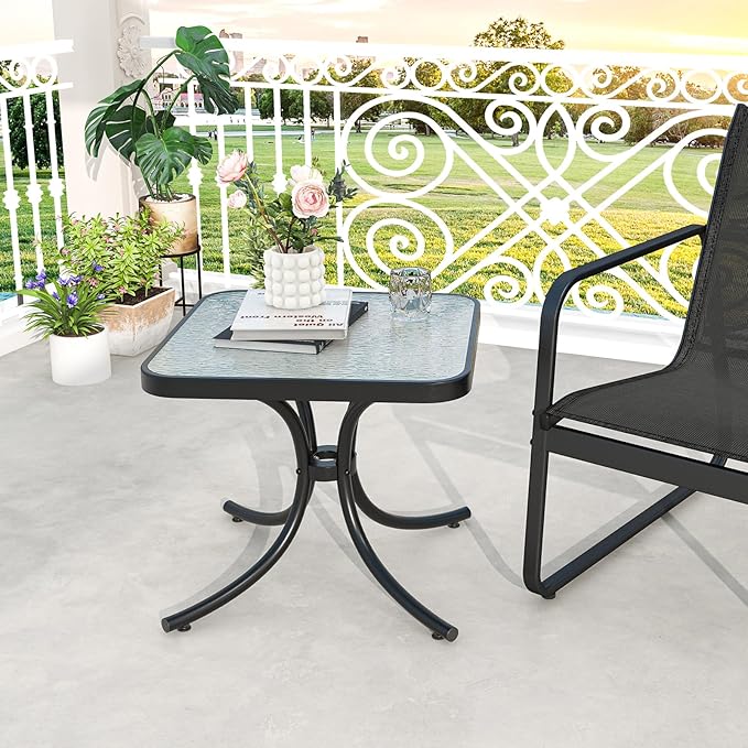 Tangkula Outdoor Side Table, 20 Inches Square End Table with Tempered Glass Top, Metal Frame, Small Patio Table for Garden, Backyard, Balcony, Poolside, Porch (2)