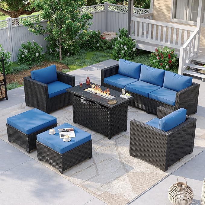 Aoxun Patio Furniture Set with Fire Pit Table, 6 Piece Outdoor Furniture Set with Wicker Ottomans, Rattan Outdoor Sectional Sofa with Thickened Cushion & Waterproof Cover Navy Blue