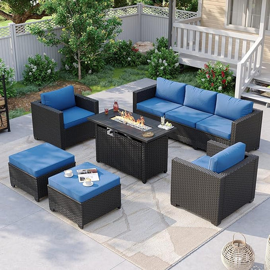 Aoxun Patio Furniture Set with Fire Pit Table, 6 Piece Outdoor Furniture Set with Wicker Ottomans, Rattan Outdoor Sectional Sofa with Thickened Cushion & Waterproof Cover Navy Blue