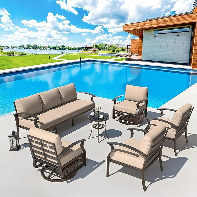 Aluminum Patio Furniture Set Patio Conversation Set,7 Seats Metal Modern Outdoor Furniture w/5.1" Cushions,Patio Sectional w/Swivel Chairs for Patio,Backyard,Sand