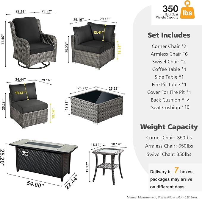 HOOOWOOO Outdoor Patio Furniture with Fire Pit Set 13 Pieces Patio Set with Fire Pit Wicker Outdoor Furniture with Fire Pit Table Set Patio Sectional Set with Swivel Chairs,Black