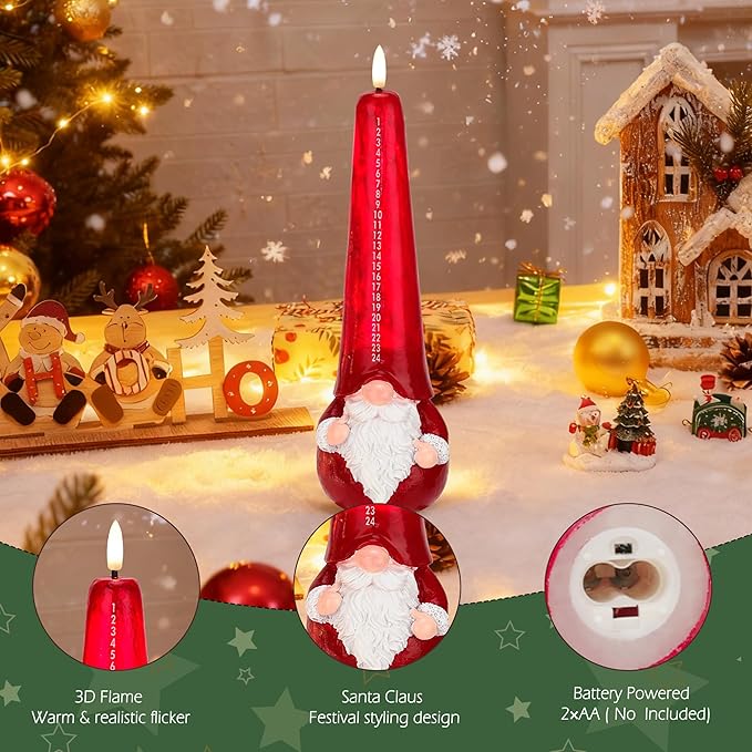Christmas Flameless Candles with Remote, Xmas Countdown Candle, Santa Claus Countdown to Christmas Battery Operated Candles, Red Flameless Advent Candles for Mantel Decor