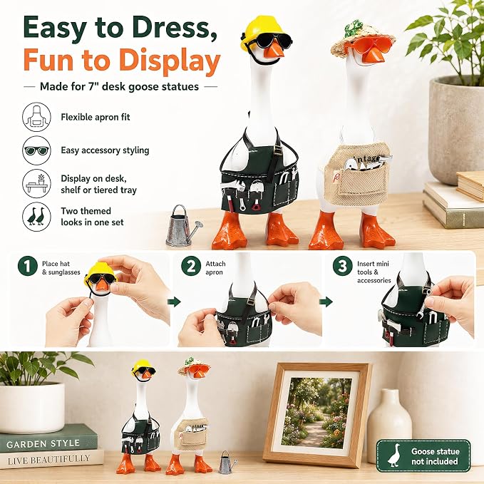 2 Sets Career Desk Goose Outfits, Gardener&Handyman Costume Accessories for 7 Inch Mini Porch Goose Statue, Tools Watering Can Work Apron Set, Dress-Up Clothes for Small Geese Figurine Home Desk Décor