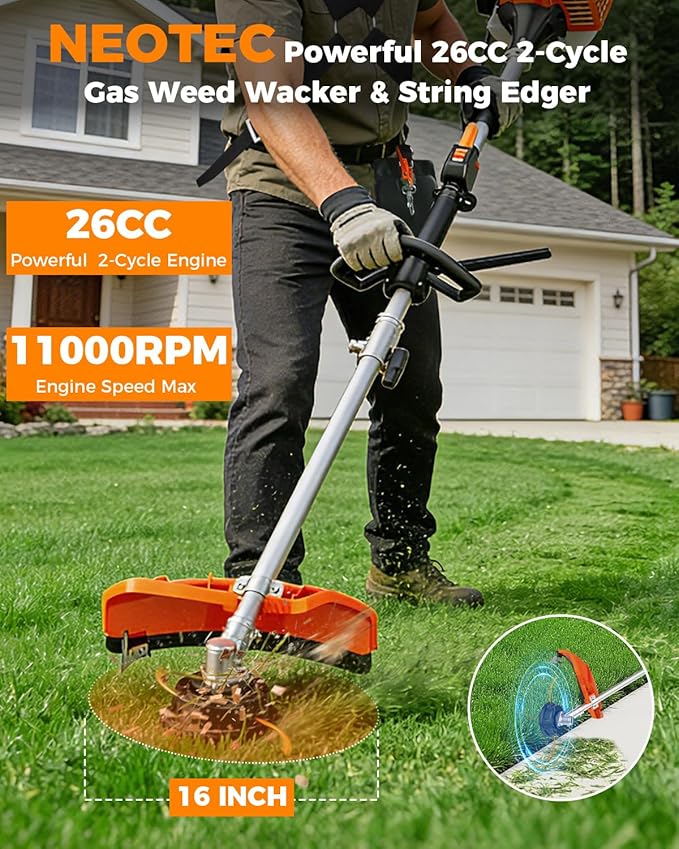 NEO-TEC 26cc 3-in-1 Gas String Trimmer & Lawn Edger Powerful 2-Cycle Weed Eater, Lightweight Weed Wacker & Brush Cutter Quick-Start Gas Powered Trimmer,16" Lightweight Yard Tool with Shoulder Strap