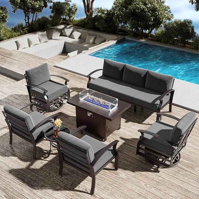 Patio Furniture Set 7-Piece Aluminum Armrest Sofa, Modern Outdoor Living Room Set with 55000 BTU Propane Aluminum Fireplace, Outdoor Rotary Joystick with Thick Cushion