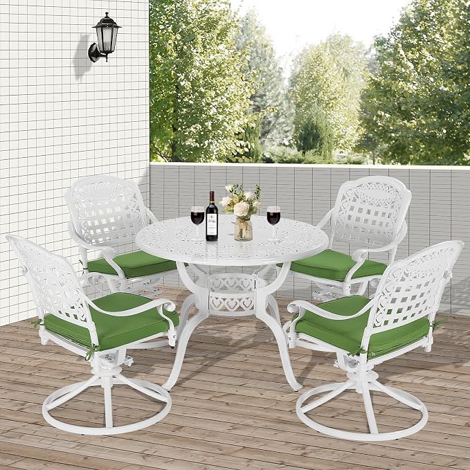 VIVIJASON 5-Piece Outdoor Patio Dining Set, All-Weather Cast Aluminum Conversation Set, Patio Furniture Set for Backyard, Include 4 Swivel Rocker Chairs, a 38.5" Round Table w/Umbrella Hole, White