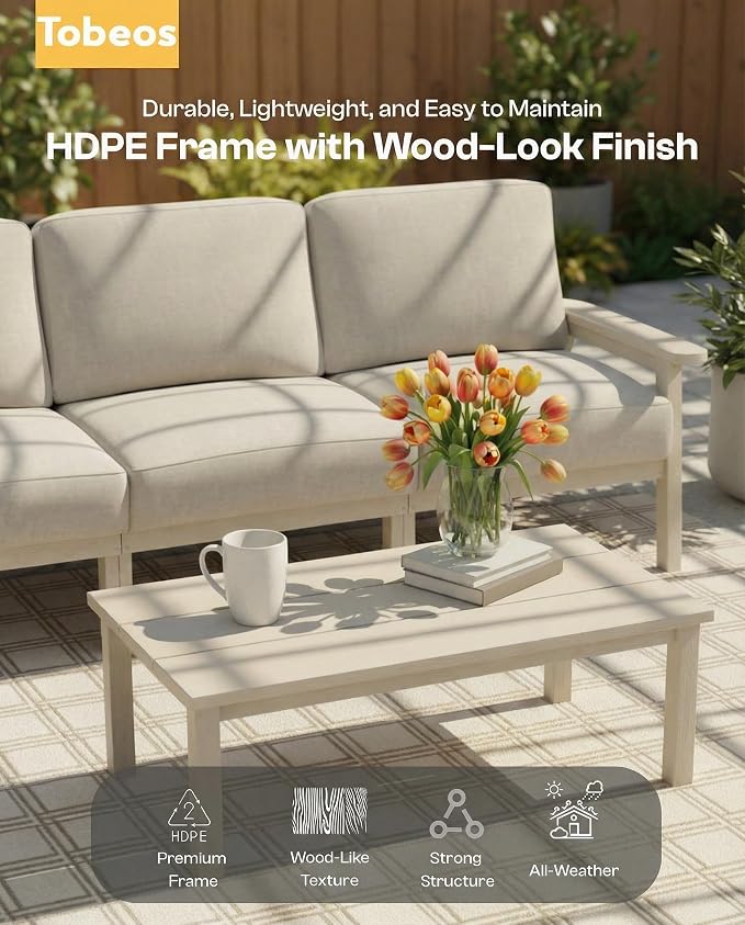 HDPE Patio Furniture Set 5 Seats with Cantilever Umbrella, Outdoor Couch with Washable Thick Beige Cushions & Tables, Outdoor Sectional Furniture for Deck, Lawn, Porch (White Frame)