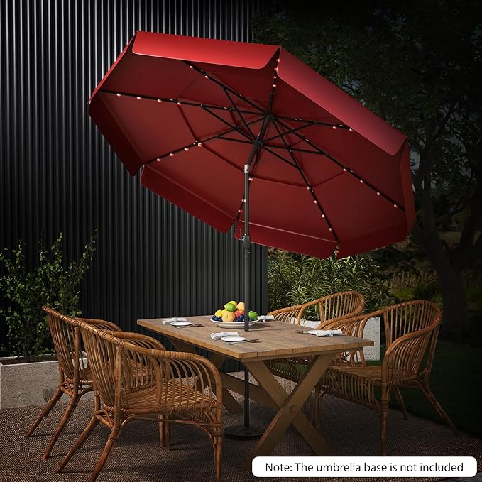 Tangkula 10 FT Solar LED Patio Umbrella, 3-Tiers Scalloped Outdoor Table Market Umbrella with 32 LED Lights, Tilt Adjustment, Crank, 8 Sturdy Ribs for Pool, Deck, Backyard (Burgundy)