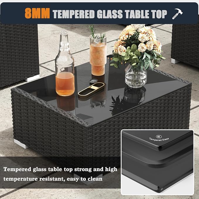 Patio Furniture Set with Fire Pit Table, 8 Pieces Outdoor All-Weather Wicker Conversation Sectional Chair Sofa Set
