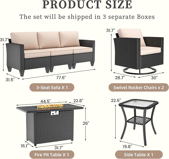 UDPATIO Patio Furniture Set with Fire Pit Table, Rocking Swivel Chairs, 5 Pieces Outdoor Furniture Sets, All-Weather Wicker Outdoor Sectional Sofa with Waterproof Cover, 4'' Thickened Cushion, Khak