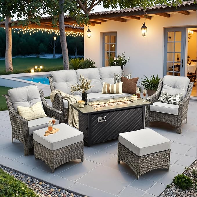HOOOWOOO Patio Furniture Set,6 Pieces Wicker Outdoor Furniture,High Back Conversation Set with All Weather Resistant Fire Pit Table Couch Chairs Ottomans,Light Gray