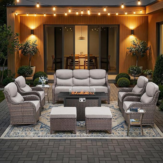 HUMMUH 10-Piece Wicker Patio Set with Swivel Rockers, Sofa and Fire Pit | 6 in Olefin cushions, PE wicker, metal frames, 50,000 BTU gas fire pit, for porch, deck, and backyard