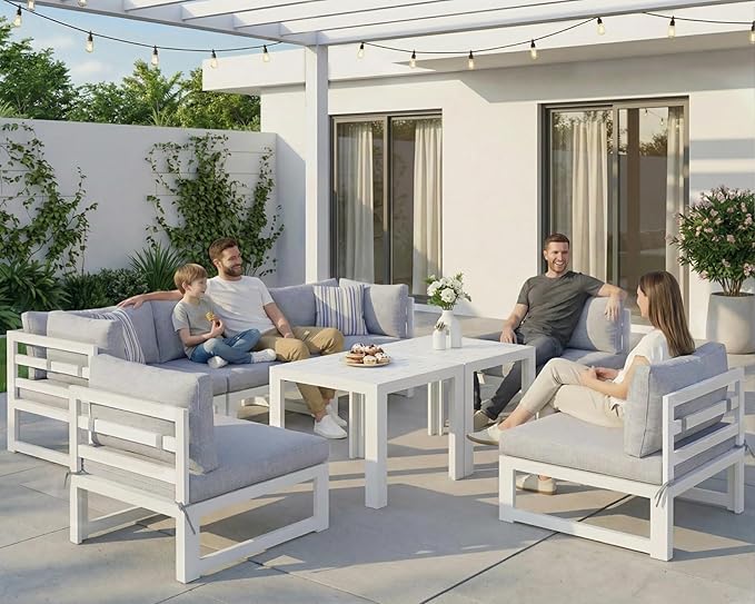 NICESOUL 8 Piece Luxury Aluminum Outdoor Sectional Sofa with Side Table, Large L Shaped Patio Furniture Set, 29" Deep Wide Seating, 500 lbs Heavy Duty Conversation Set for Backyard Garden, Light Gray