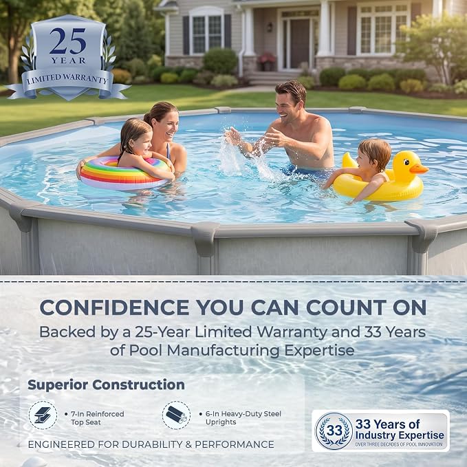 Blue Wave Martinique 18-ft Round 52-in Deep Hard Sided Steel Wall Above Ground Pool with 7-in Top Seats, 6-in Verticals, Skimmer & Vinyl Liner - 7,200 Gallon Capacity for Family Swimming & Recreation