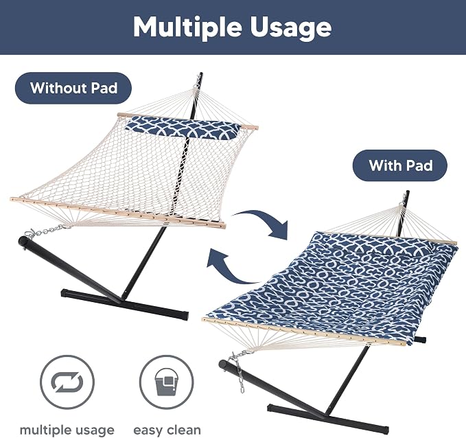 SUNCREAT Hammocks Freestanding 2 Person Hammock with Soft Pillow, Portable Stand, 57 Inch Extra Large Hammock Bag with Zipper, Black