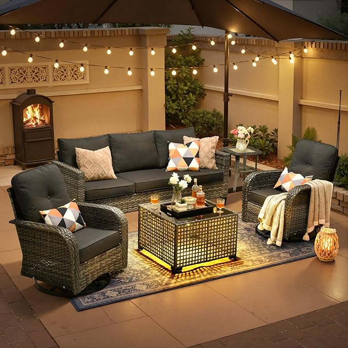 Patio Furniture, All Weather Wicker 6 PCS Outdoor Sofa with High Back Swivel Rocker Chairs, Conversation Set with Solar Light Coffee Table,Light Rattan Black Cushion