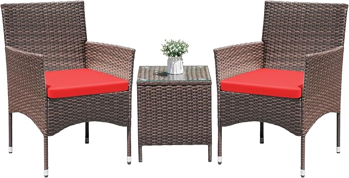 Greesum 3 Pieces Patio Dining PE Rattan Wicker Chair Furniture Set with Cushion and Glass Coffee Table for Outdoor Garden Backyard Poolside, Brown and Red