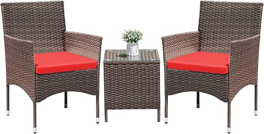 Greesum 3 Pieces Patio Dining PE Rattan Wicker Chair Furniture Set with Cushion and Glass Coffee Table for Outdoor Garden Backyard Poolside, Brown and Red