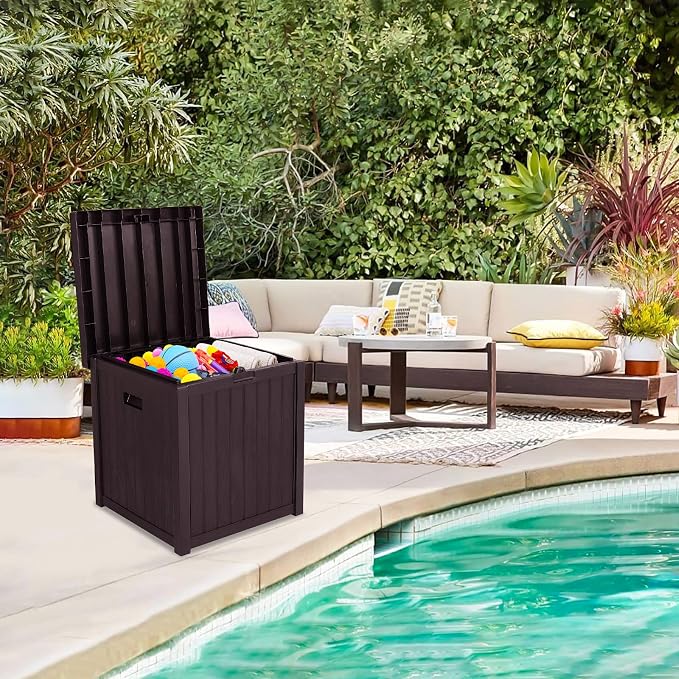Bonnlo Medium Deck Box Organization, Resin Storage Box, for Patio Furniture or Tools, Lockable, for Garden, Pool, Yard, Porch and Balcony, 51 Gallon, Brown
