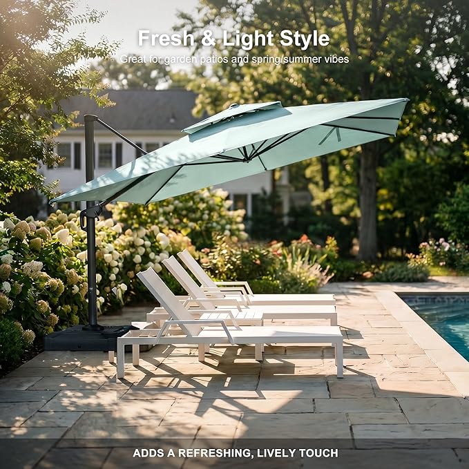 PURPLE LEAF 10 FT Cantilever Patio Umbrella Outdoor Umbrella with 220lbs Base Large Square Windproof Offset Umbrella for Pool Deck Garden, Mint Green
