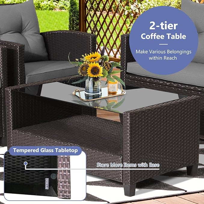 Tangkula 8-Piece Outdoor Rattan Furniture Set, PE Rattan Wicker Sectional Sofa with Loveseat Chair & Glass Table, Patio Cushioned Conversation Sets for Backyard Porch Garden Poolside (2, Gray)