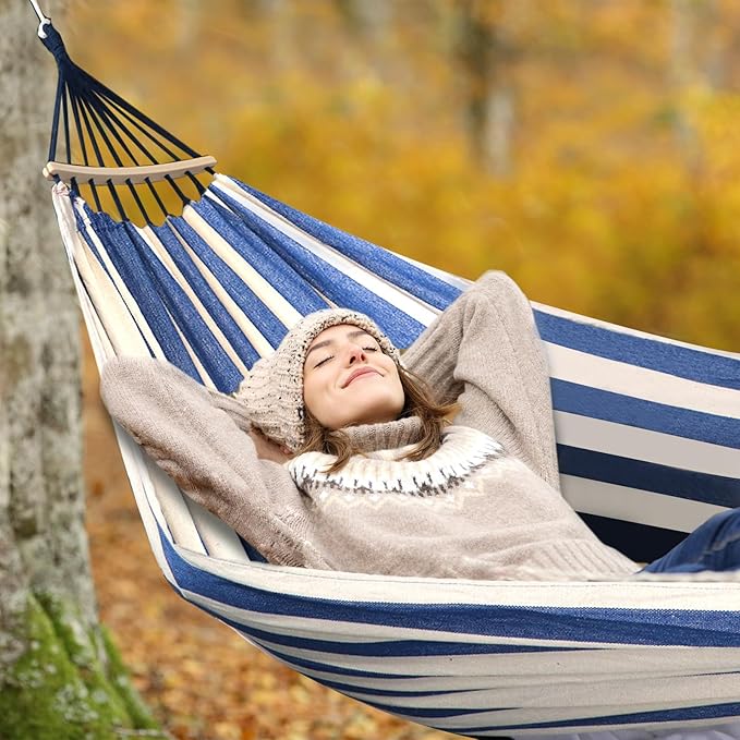 Anyoo Garden Cotton Hammock Comfortable Fabric Hammock with Spreader Bar Sturdy Hammocks Up to 450lbs Portable Lightweight Hammocks with Travel Bag for Camping Outdoor/Indoor Patio Backyard