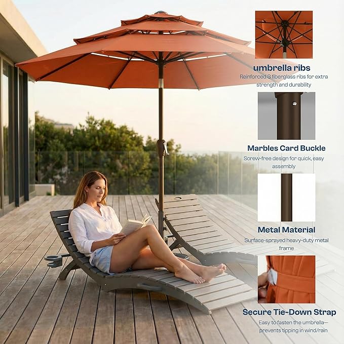 10ft Patio Umbrella, 3 Tier Outdoor Market Table Umbrellas with 8 Fiberglass Ribs and Push Button Tilt, Windproof, Vented Canopy, UV Protection for Deck, Pool, Backyard